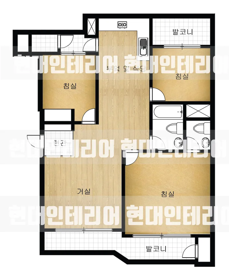 침실 세 개와 거실 평면도