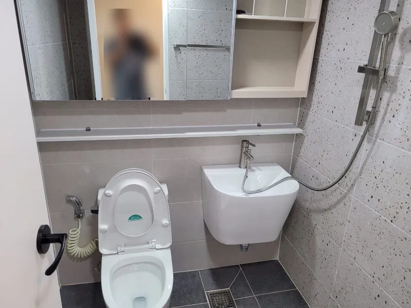 긴 선반을 단 세면대와 변기